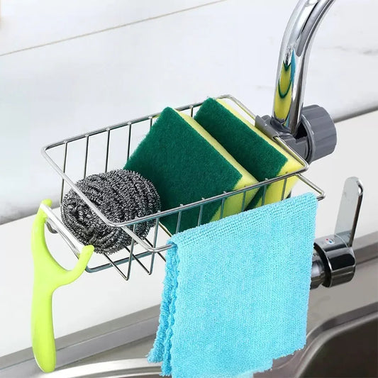 Stainless Steel Faucet Rack – No-Punch Adjustable Sink Shelf for Sponge, Towel & Soap Storage